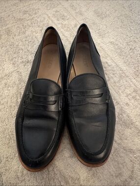 J. Crew Black Leather Penny Loafers with Brown Outsole